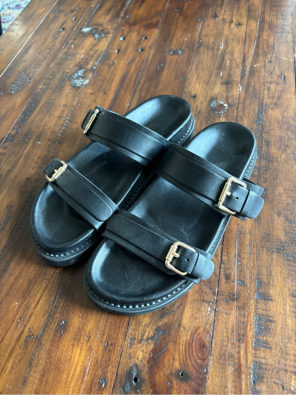 Black Double Strap Buckle Slide Sandals